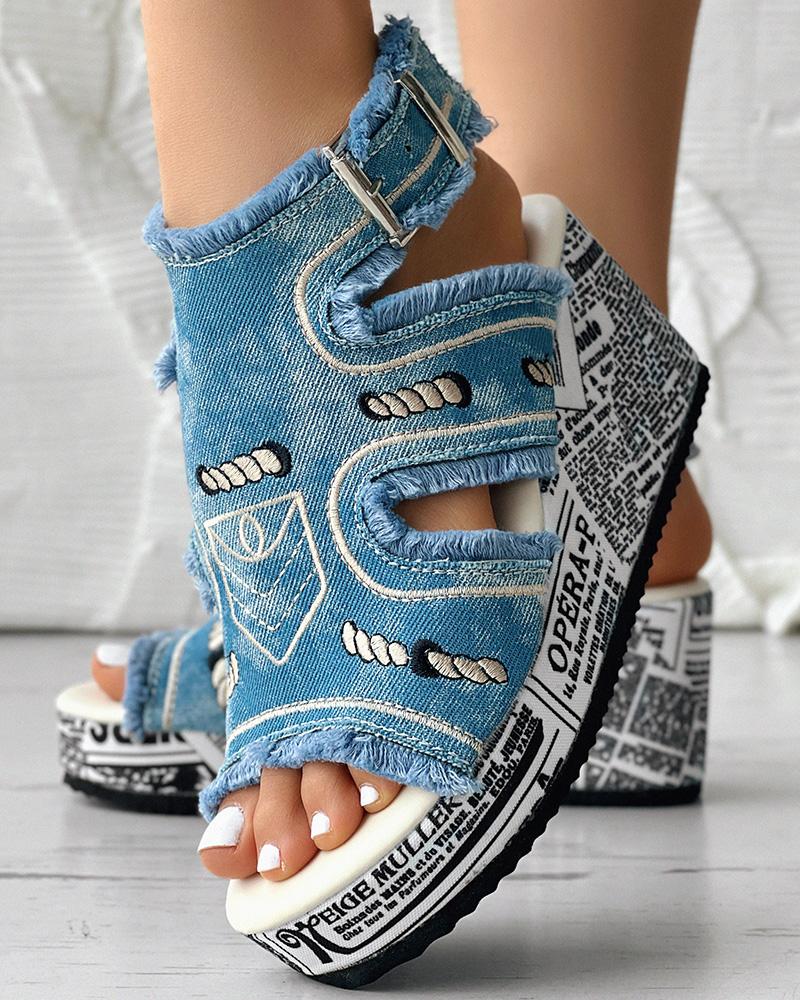 

Geometric Letter Pattern Raw Hem Buckled Denim Wedge Sandals, Lighted blue