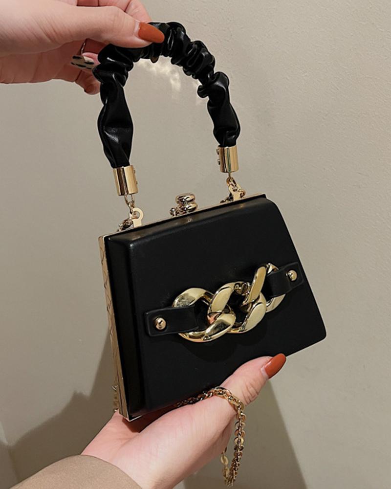 

PU Leather Chain Decor Top Handle Crossbody Bag, Black