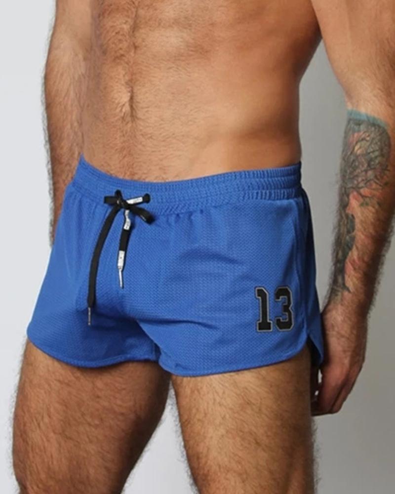 

Solid Color Splicing Letter Print Drawstring Short Pants, Blue