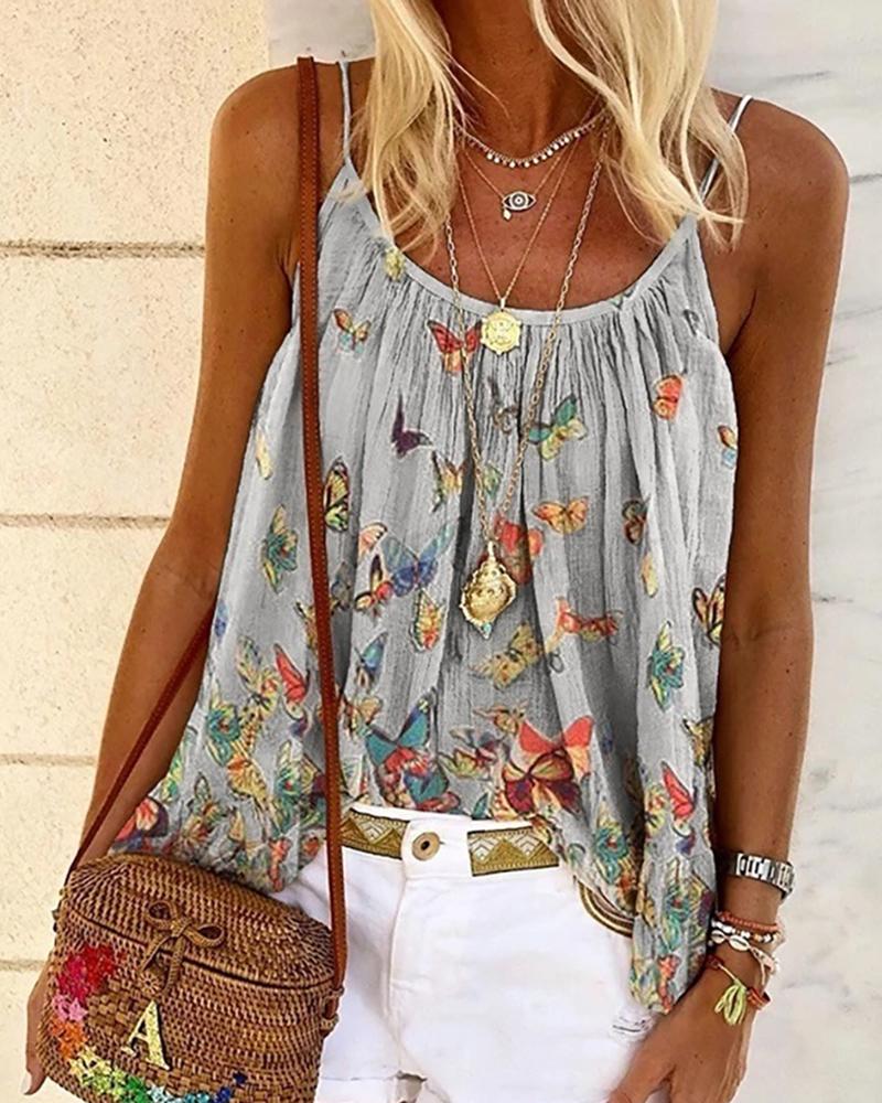 

Butterfly Print Spaghetti Strap Casual Top, Gray