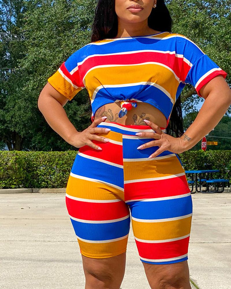 

Colorblock Striped Print Ribbed Crop Top & Shorts Set, Blue