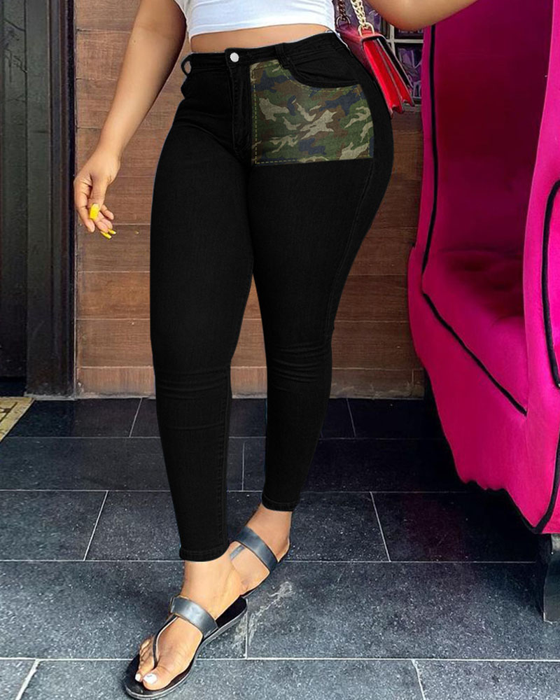 

Plus Size Camo Patchwork Zipper Fly Skinny Jeans, Black