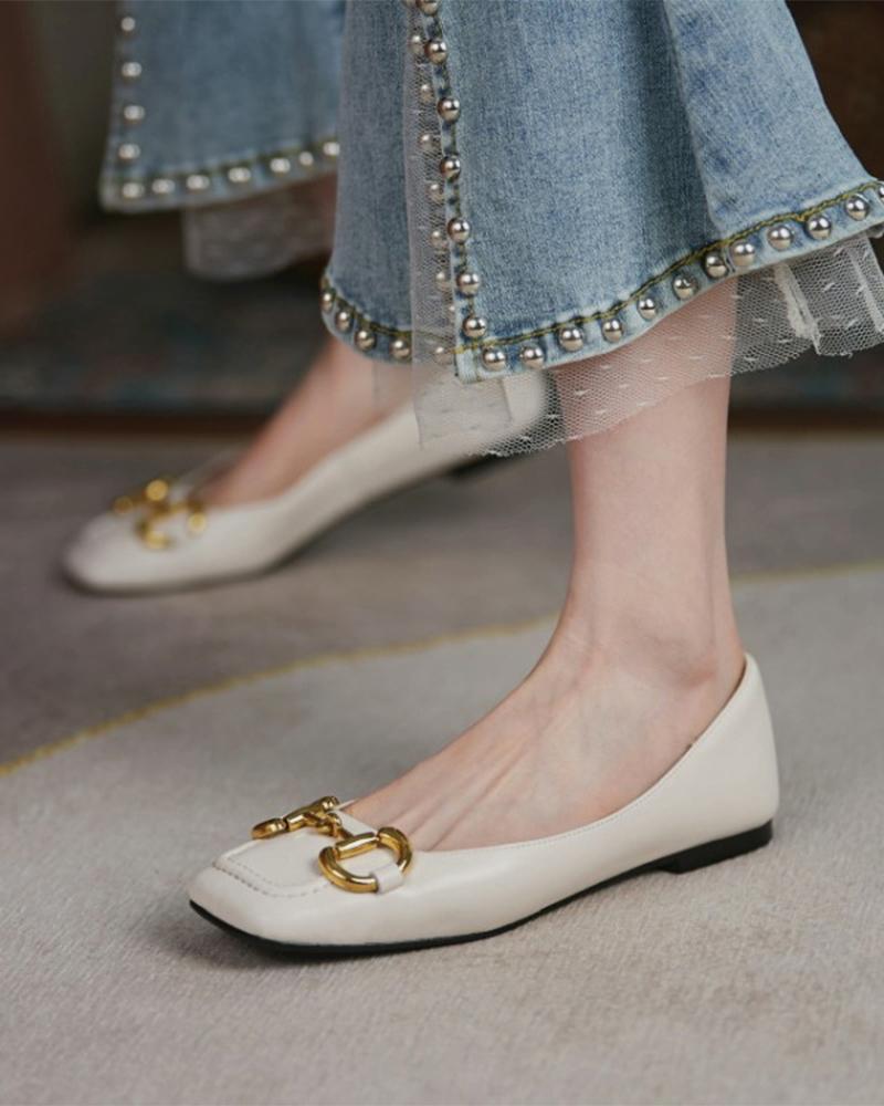 

Metallic Patch Round-toe Flat Sandals, Apricot