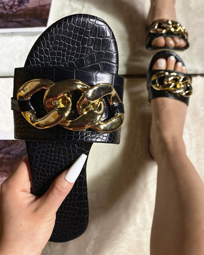 

Metallic Chain Patchwork Round-toe Flat Sandals, Black