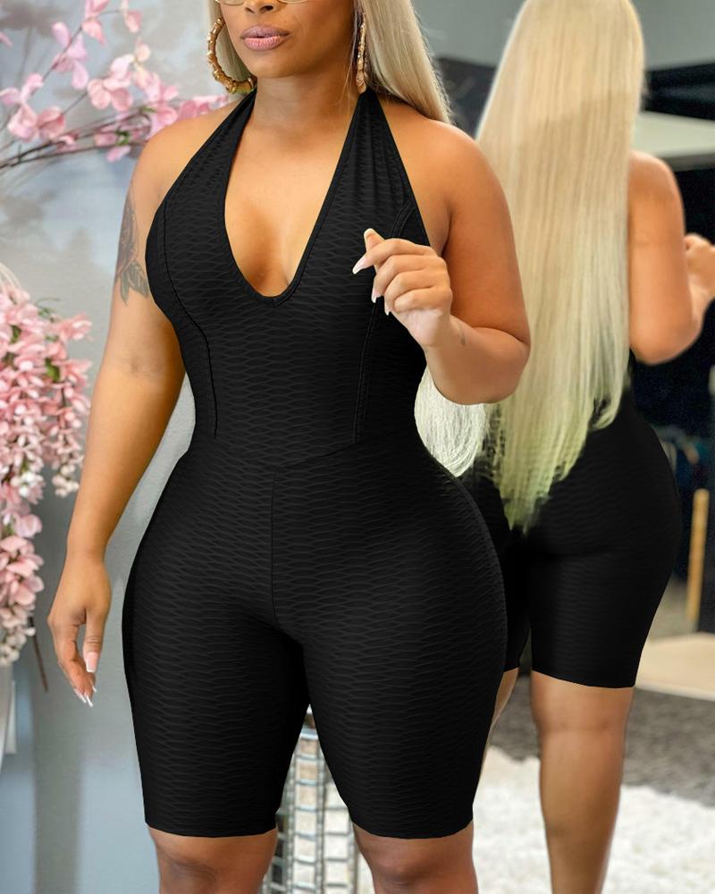 

Textured Halter Backless Active Romper, Black