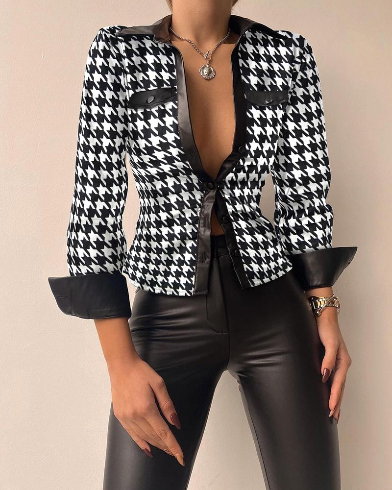 

Houndstooth Print PU Leather Patch Button Down Shirt, Blackwhite