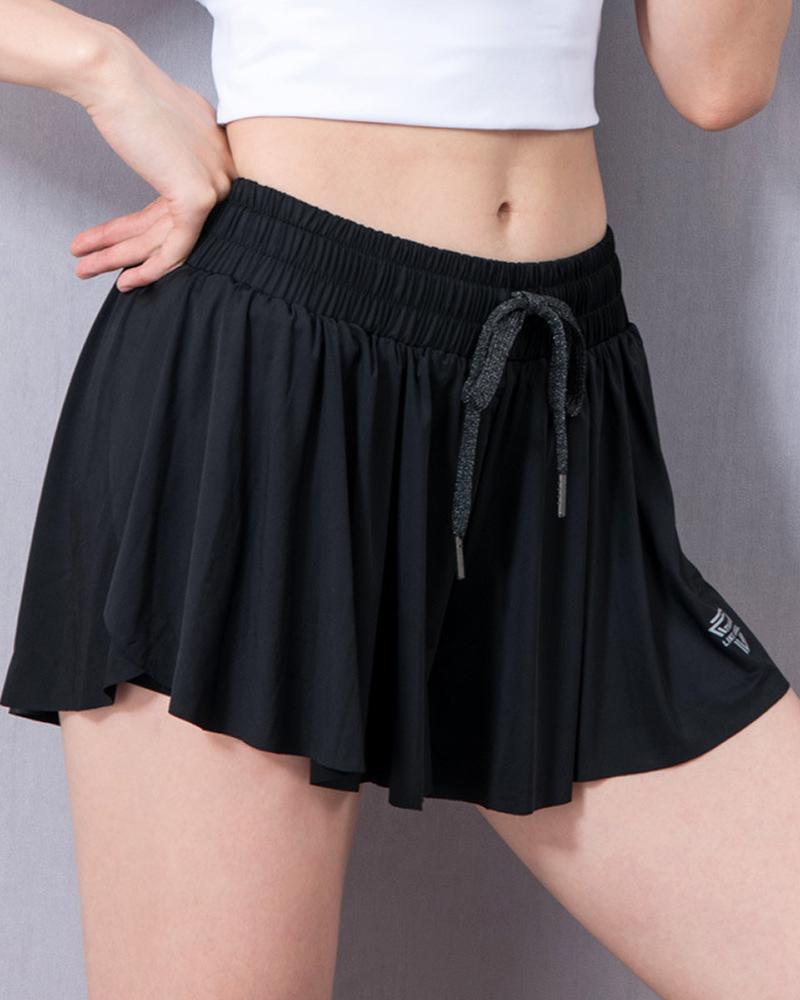 

Letter Print Ruffle Hem Drawstring Skorts, Black