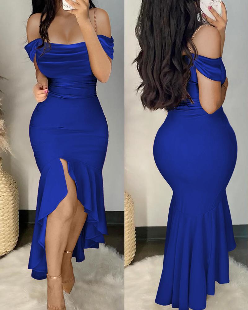 

Chain Decor Cold Shoulder Mermaid Dress, Blue