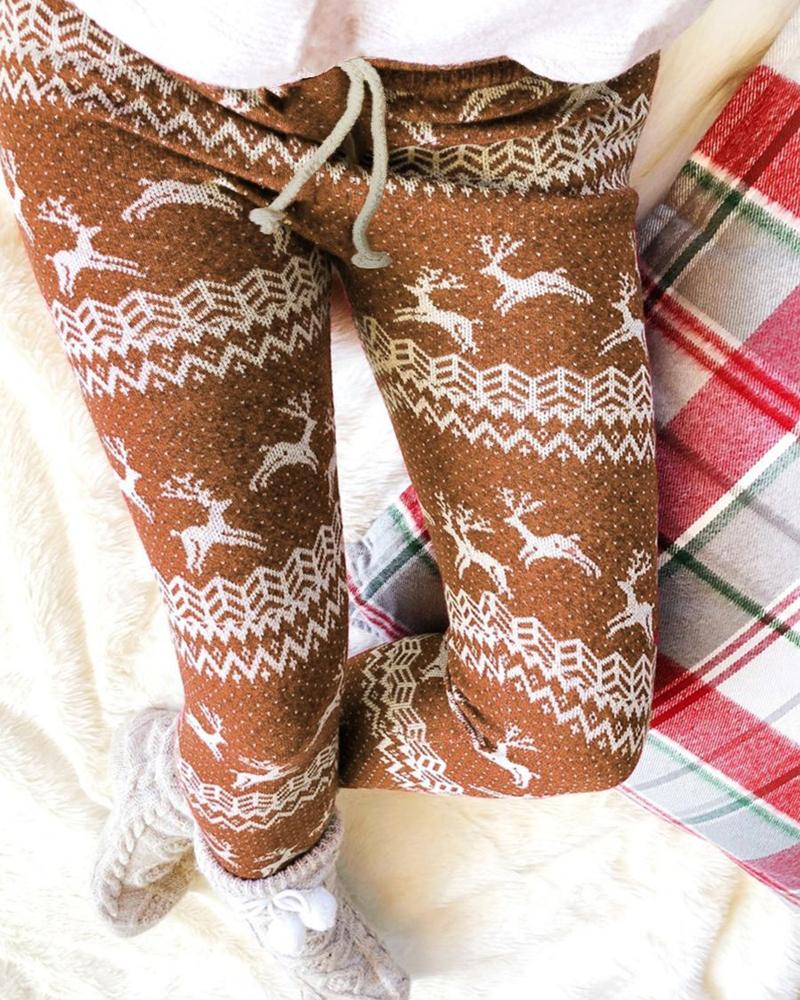 

Christmas Chevron Elk Pattern Drawstring Sweatpants, Coffee