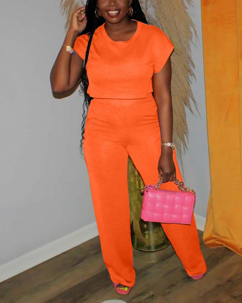 

Round Neck Short Sleeve Jumpsuit, Orange