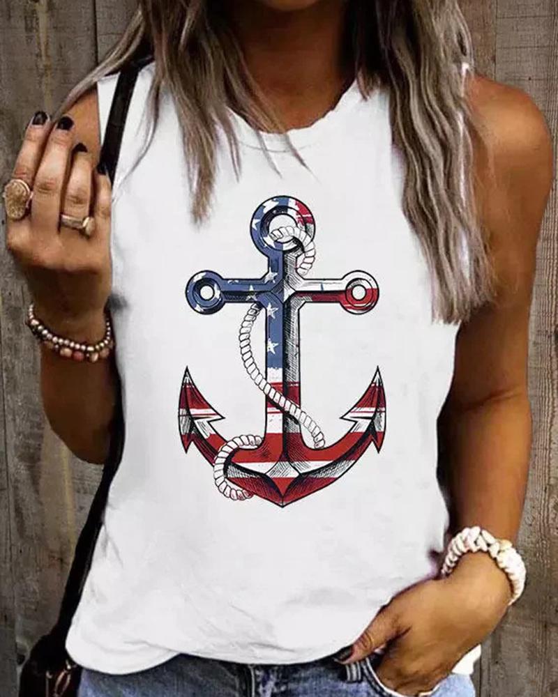 

Independence Day Flag Anchor Print Tank Top, White