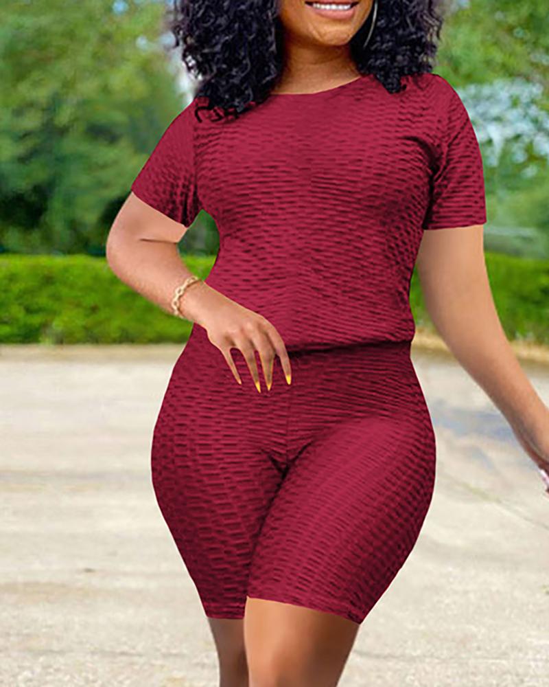 

Bubble Textured Short Sleeve Butt Lifting Active Sets, Wine red