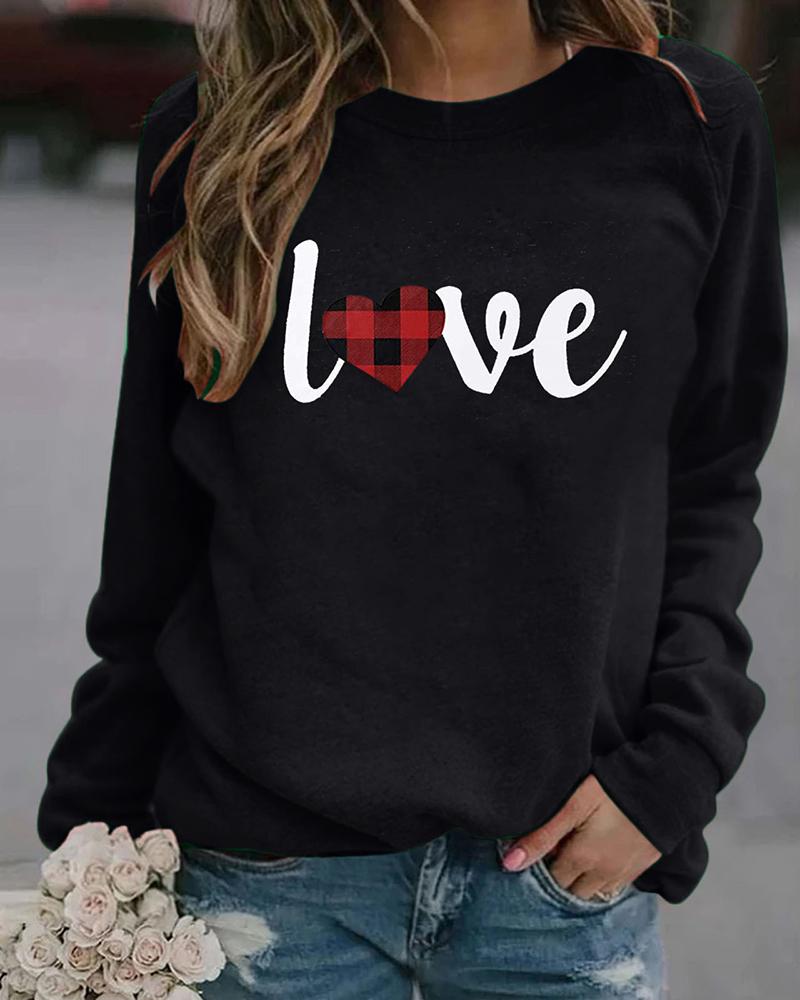 

Letter Heart Print Casual Long Sleeve Sweatshirt, Black