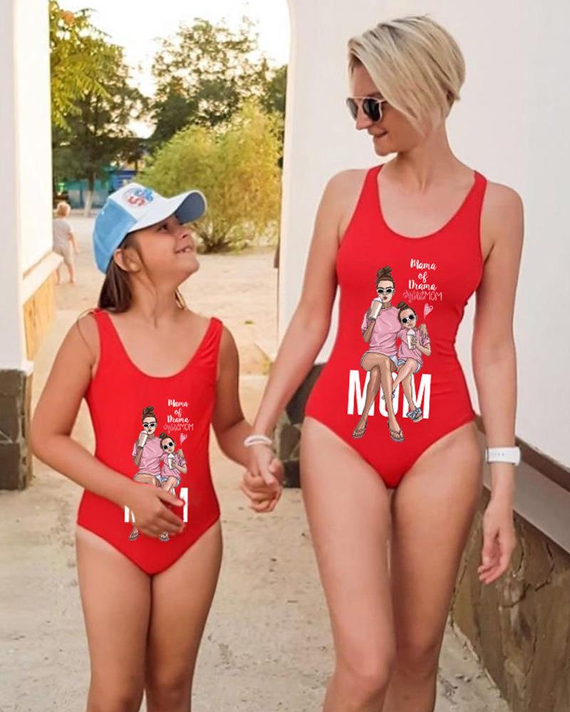 

Mommy & Me Graphic Letter Print One Piece Swimsuit For Mom, Red