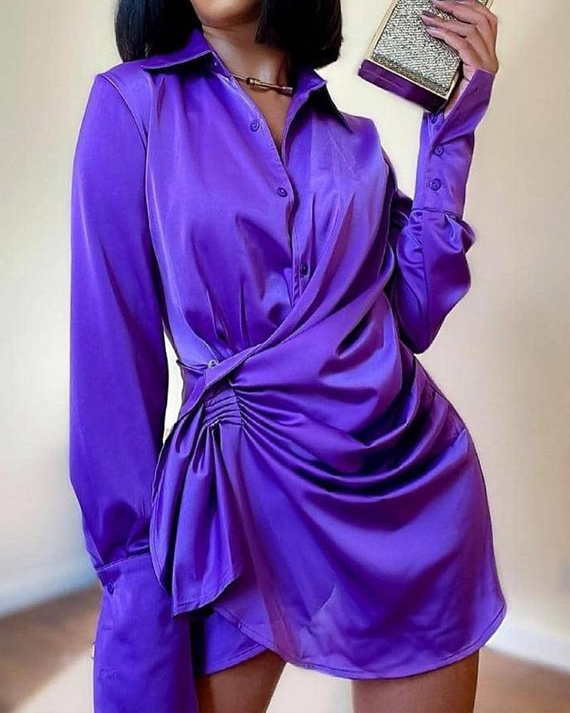 

Solid Color Long Sleeve Draped Design Button Front Shirt Dress, Purple