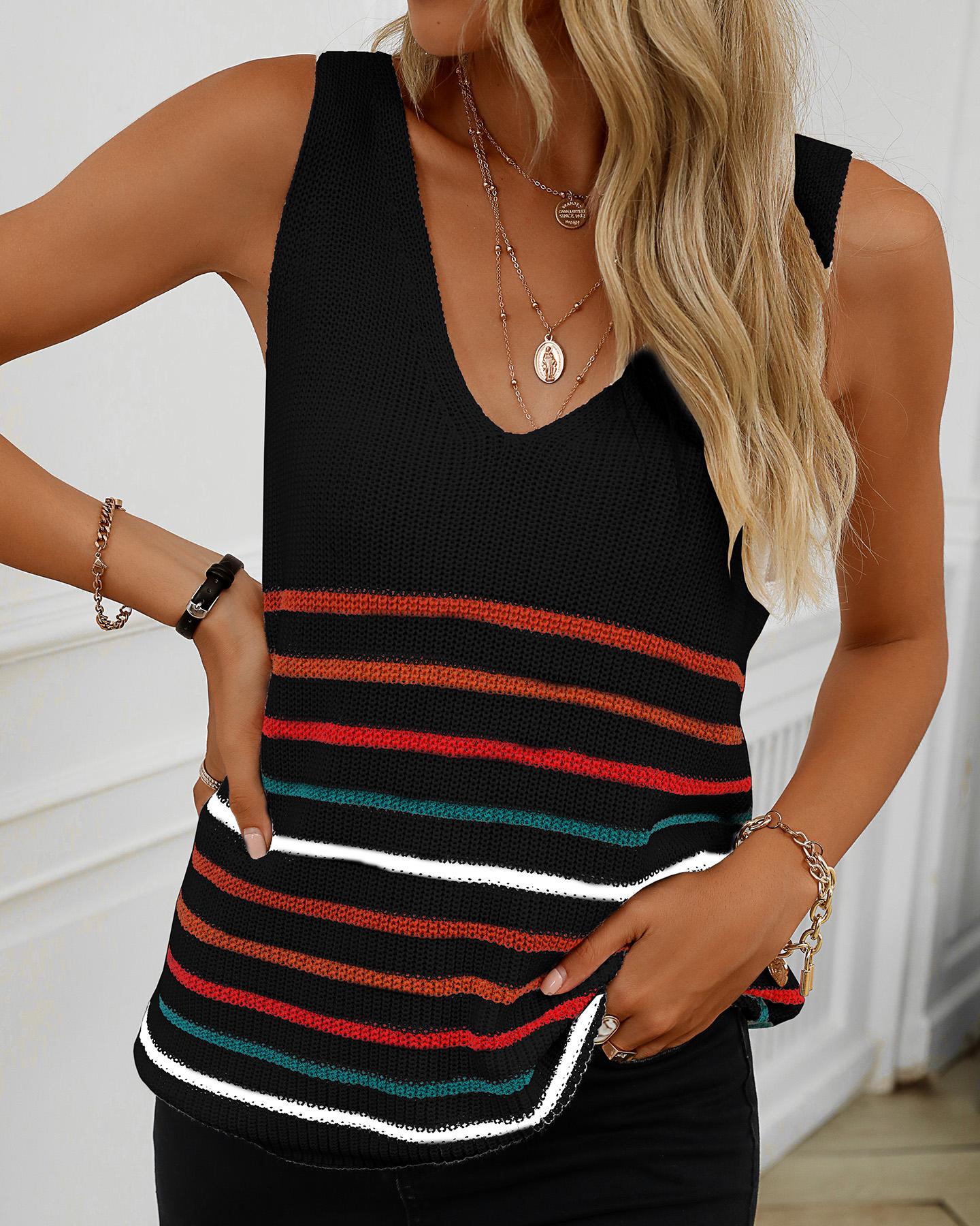 

Striped V-Neck Knitted Tank Top, Black