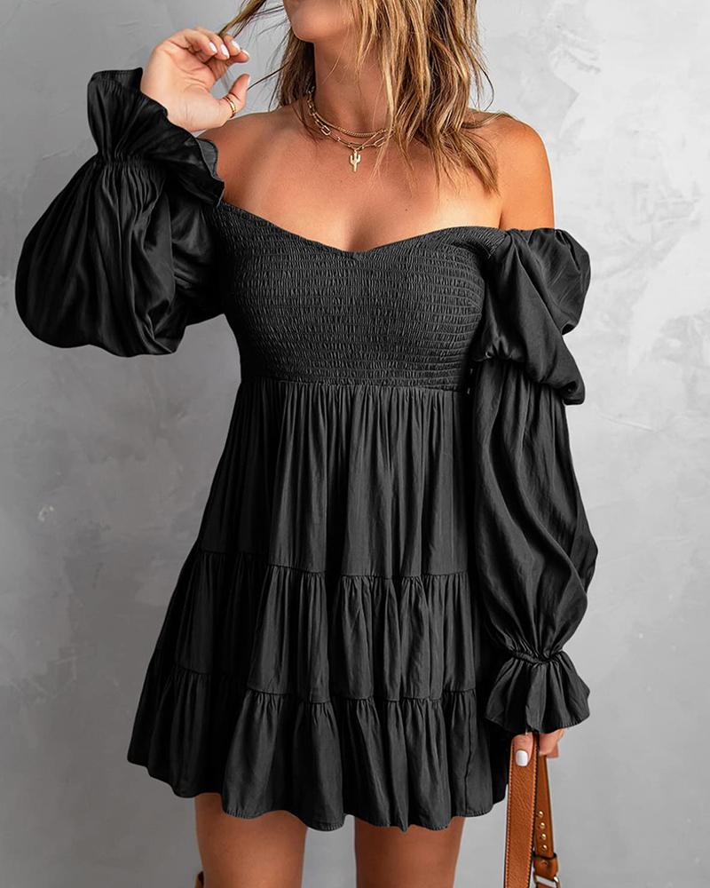 

Puff Lantern Sleeve Shirred Ruched Dress, Black