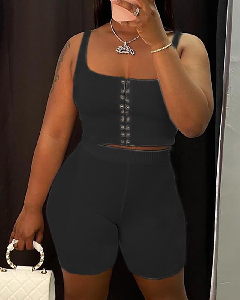 

Eyelet Lace-up Top & High Waist Shorts Set, Black