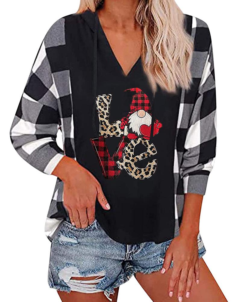 

Christmas Hooded Letter Plaid Print Drawstring Top, Gray