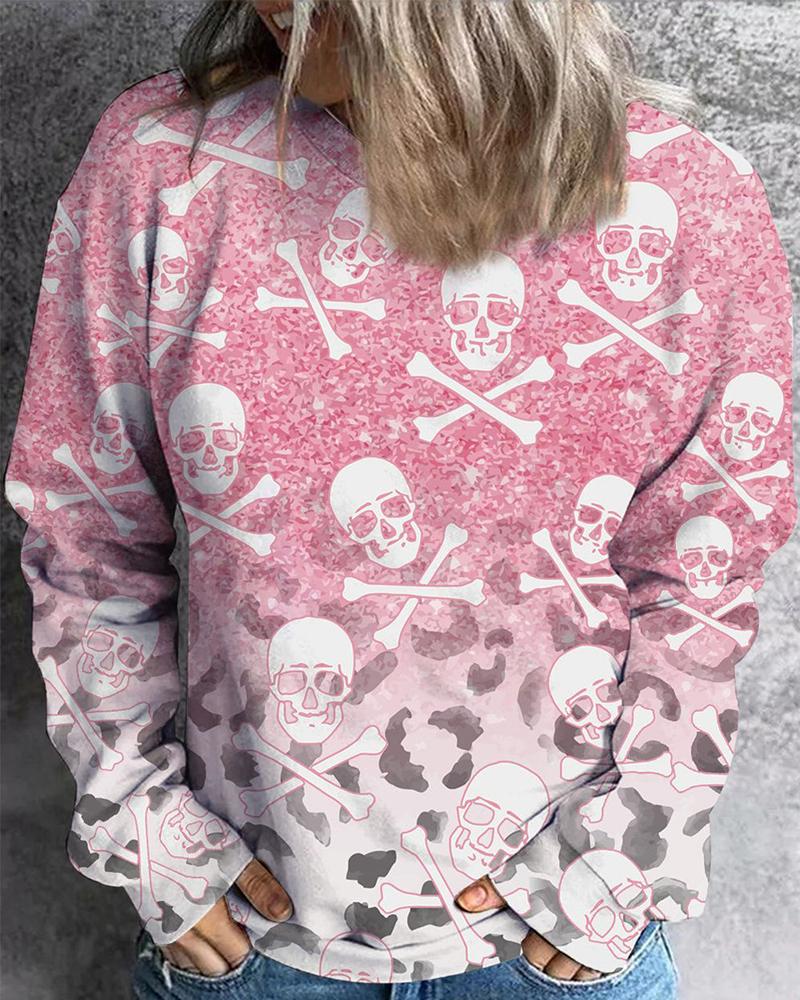 

Halloween Skull Print Ombre Long Sleeve Sweatshirt, Pink