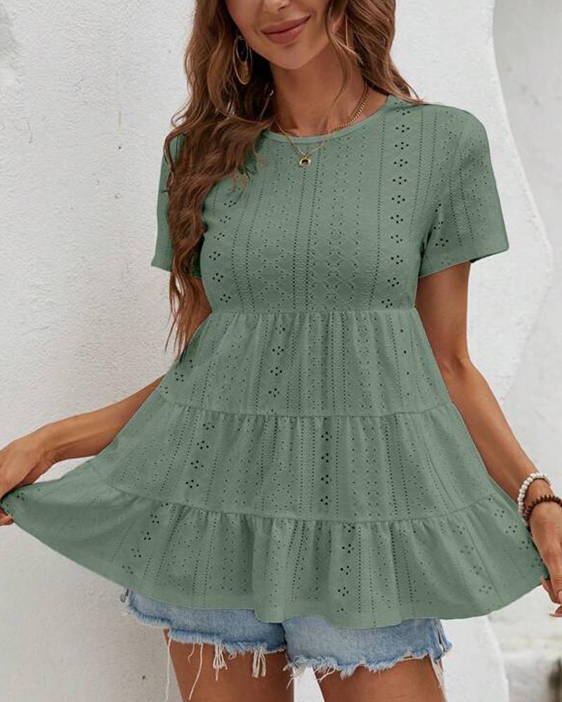 

Eyelet Embroidery Round Neck Ruched Blouse, Green