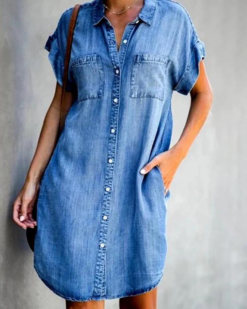 

Pocket Button Design Denim Dress, Blue