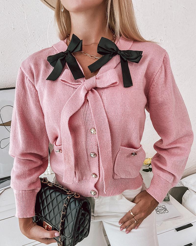 

Bowknot Design Long Sleeve Cardigan, Pink