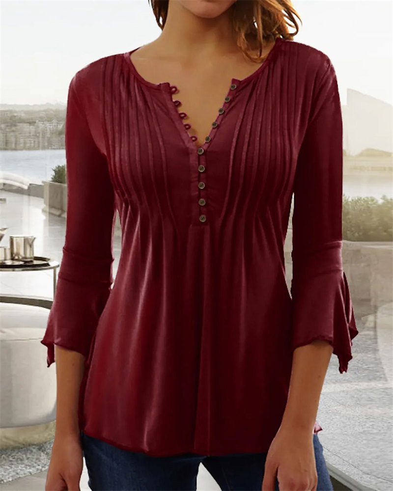 

Button Front Bell Sleeve Top, Wine red