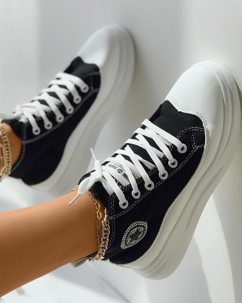 

Rhinestone Star Pattern Eyelet Lace-up Flatform Canvas Shoes, Black