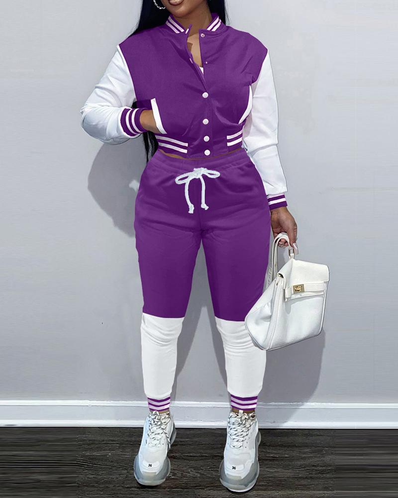 

Colorblock Striped Trim Bomber Jacket & Pants Set, Purple