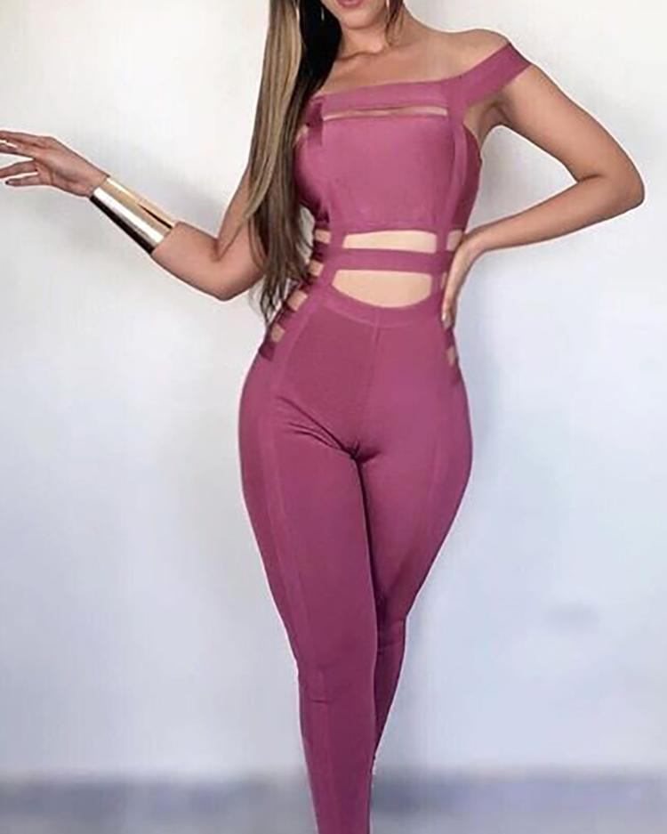 

Skinny Off Shoulder Ladder Cut Out Sexy Jumpsuit, Purple