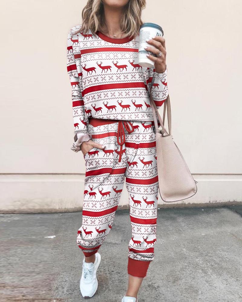 

Christmas Mixed Print Top & Drawstring Pants Set, Red