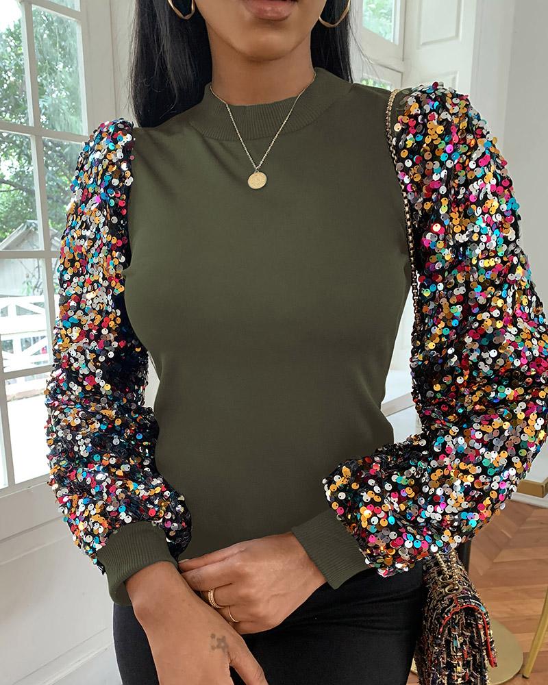 

Colorful Sequins Lantern Sleeve Top, Army green