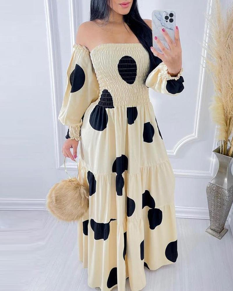 

Off Shoulder Polkadot Backless Print Shirring Detail Fit and Flare Maxi Dress Casual Long Sleeve Dress, Beige