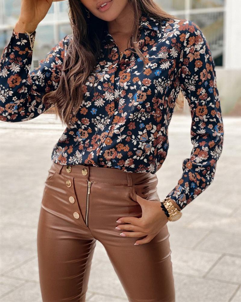 

Floral Print Long Sleeve Buttoned Shirt, Brown