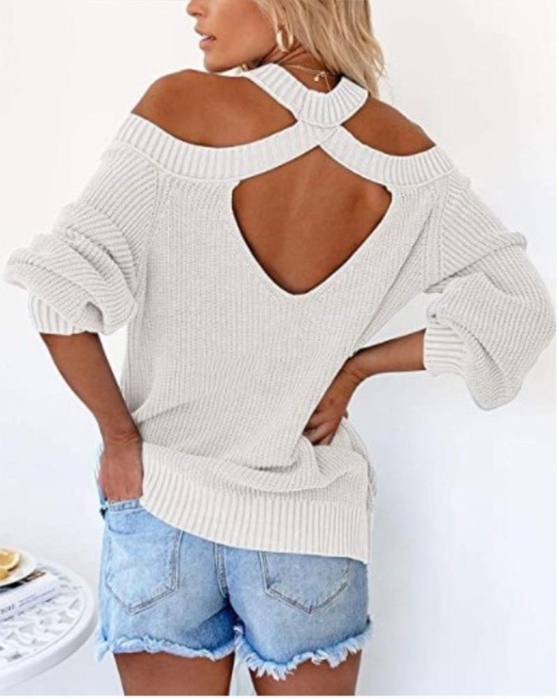

Cold Shoulder Open Back Chunky Knit Sweater, White