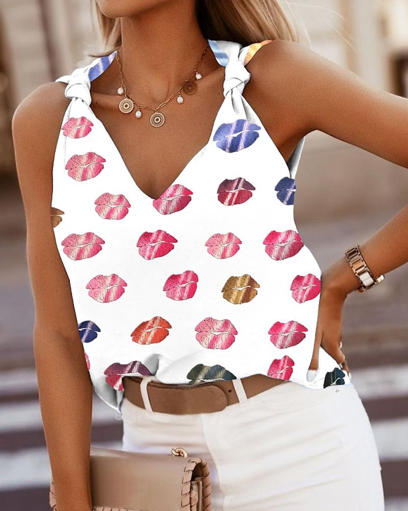 

Lip Print Knotted V Neck Tank Top, White