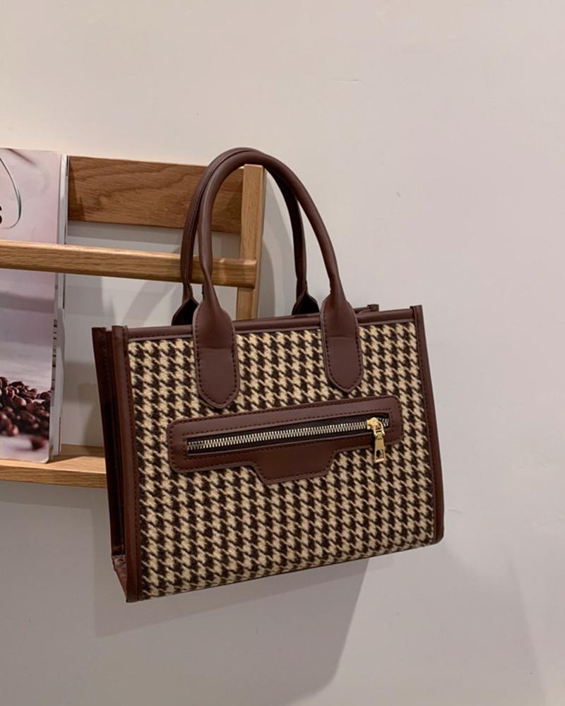 

Houndstooth Zipper Design Handbag, Brown