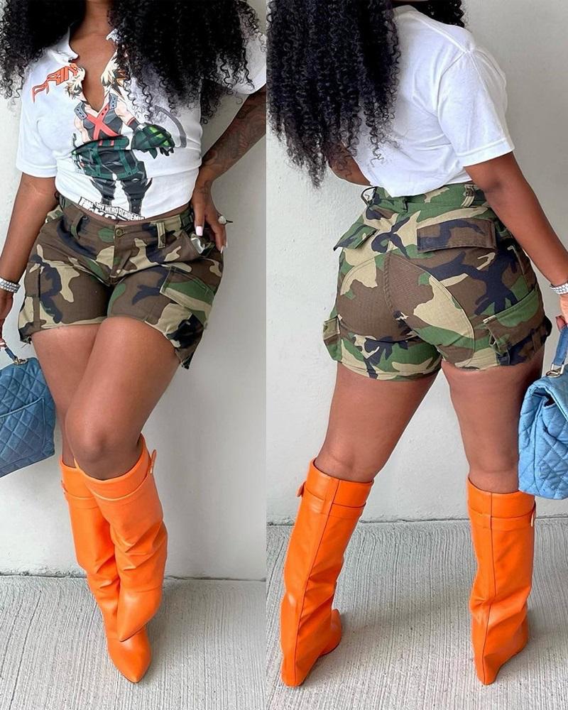 Camouflage Print High Waist Shorts