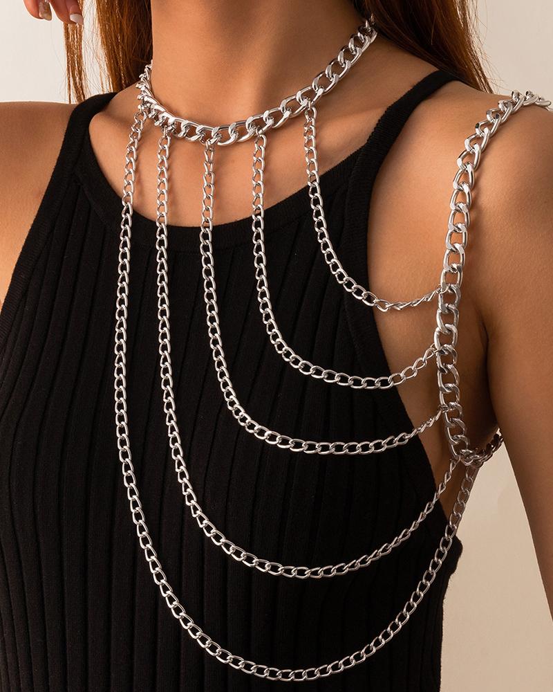 

1pc Halter Layered Tassel One Shoulder Body Chain, Silver