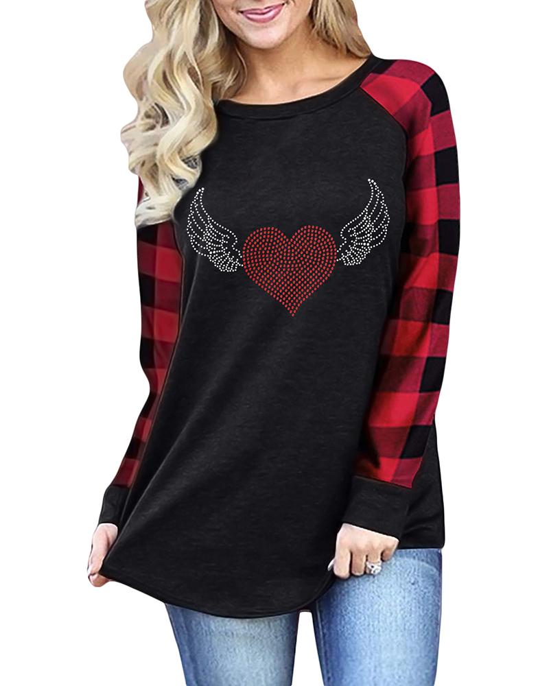 

Valentine' Day Plaid Print Rhinestone Long Sleeve Top, Style1