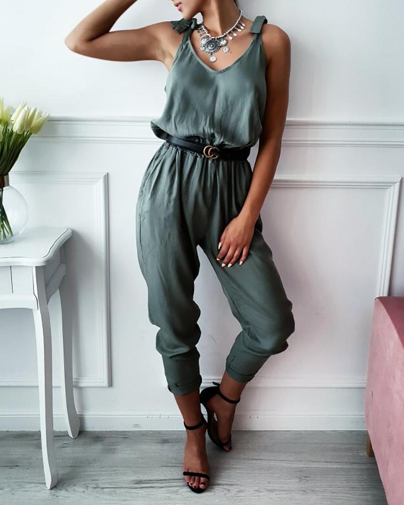 

Tied Strap V-Neck Casual Jumpsuit, Army green