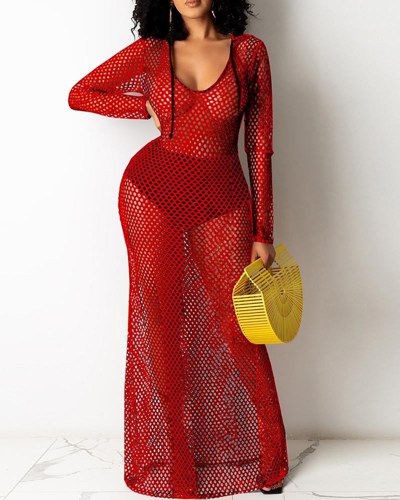

Fishnet Mesh Hollow Out Hooded Cover Up Dress, Red