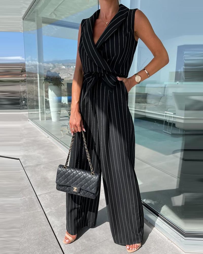 

Striped Sleeveless Tied Detail Jumpsuit, Black