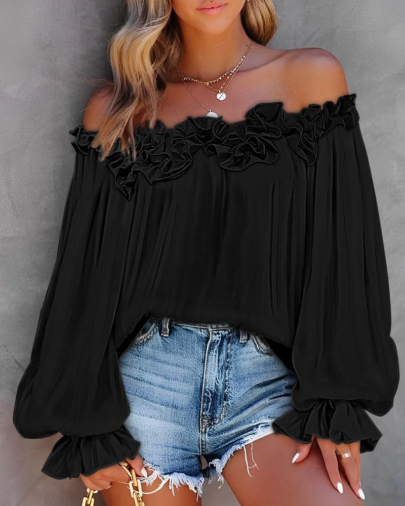 

Ruffle Hem Lantern Sleeve Top, Black