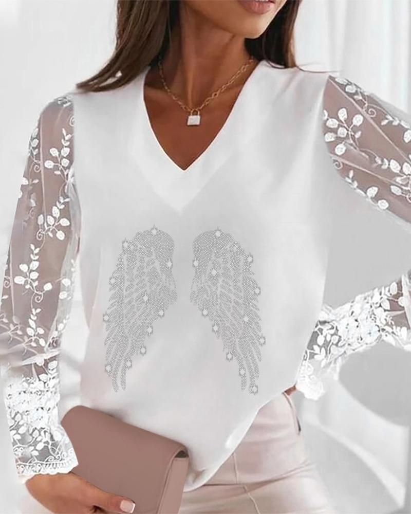 

Rhinestone Decor Contrast Lace Long Sleeve Top, White