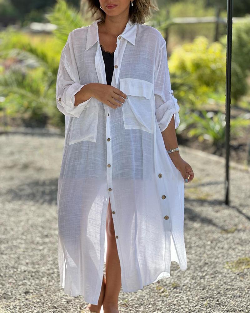 

Pocket Design Buttoned Roll Up Sleeve Longline Shirt, White