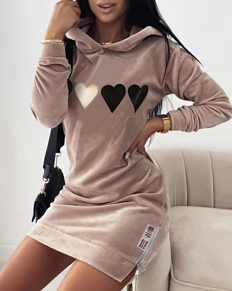 

Heart Pattern Zipper Design Hooded Sweatshirt Dress, Coffee