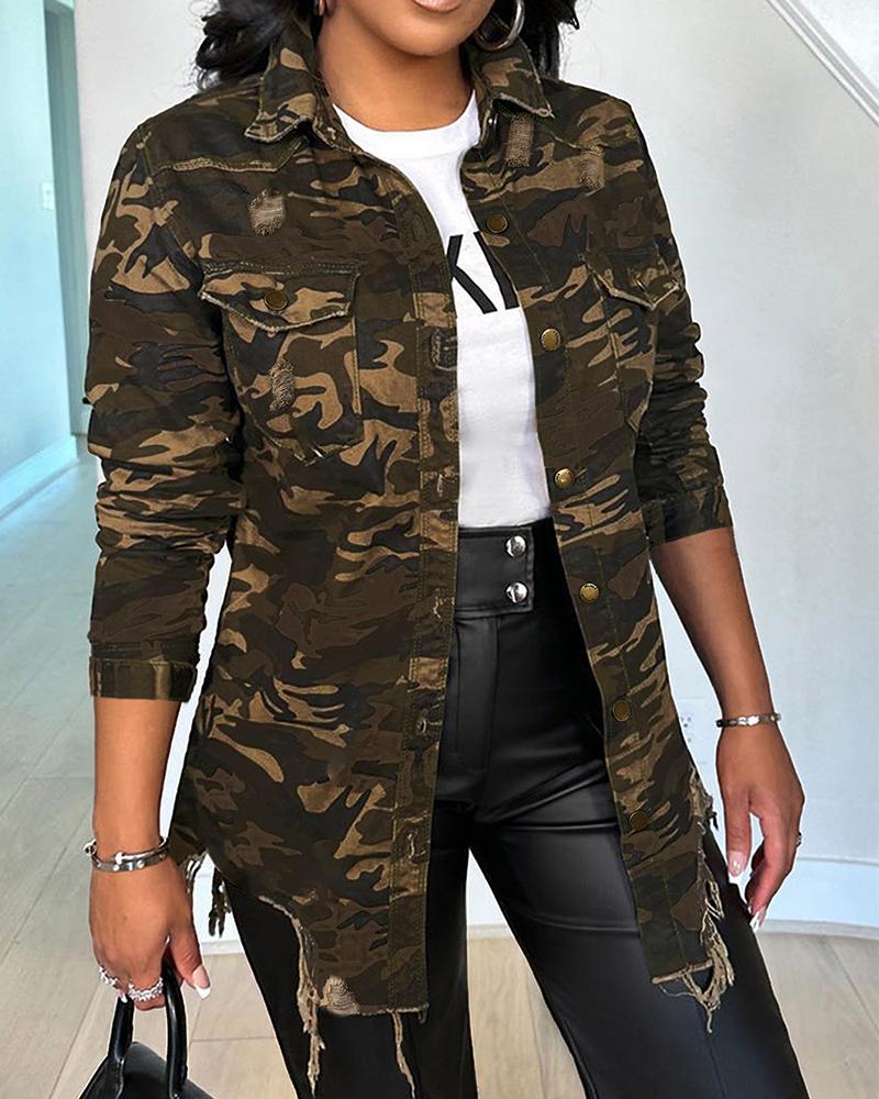 

Camouflage Print Ripped Casual Jacket, Camoflage