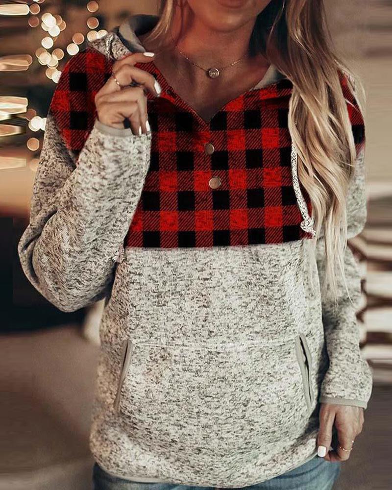 

Plaid Print Button Front Drawstring Hoodie, Style1